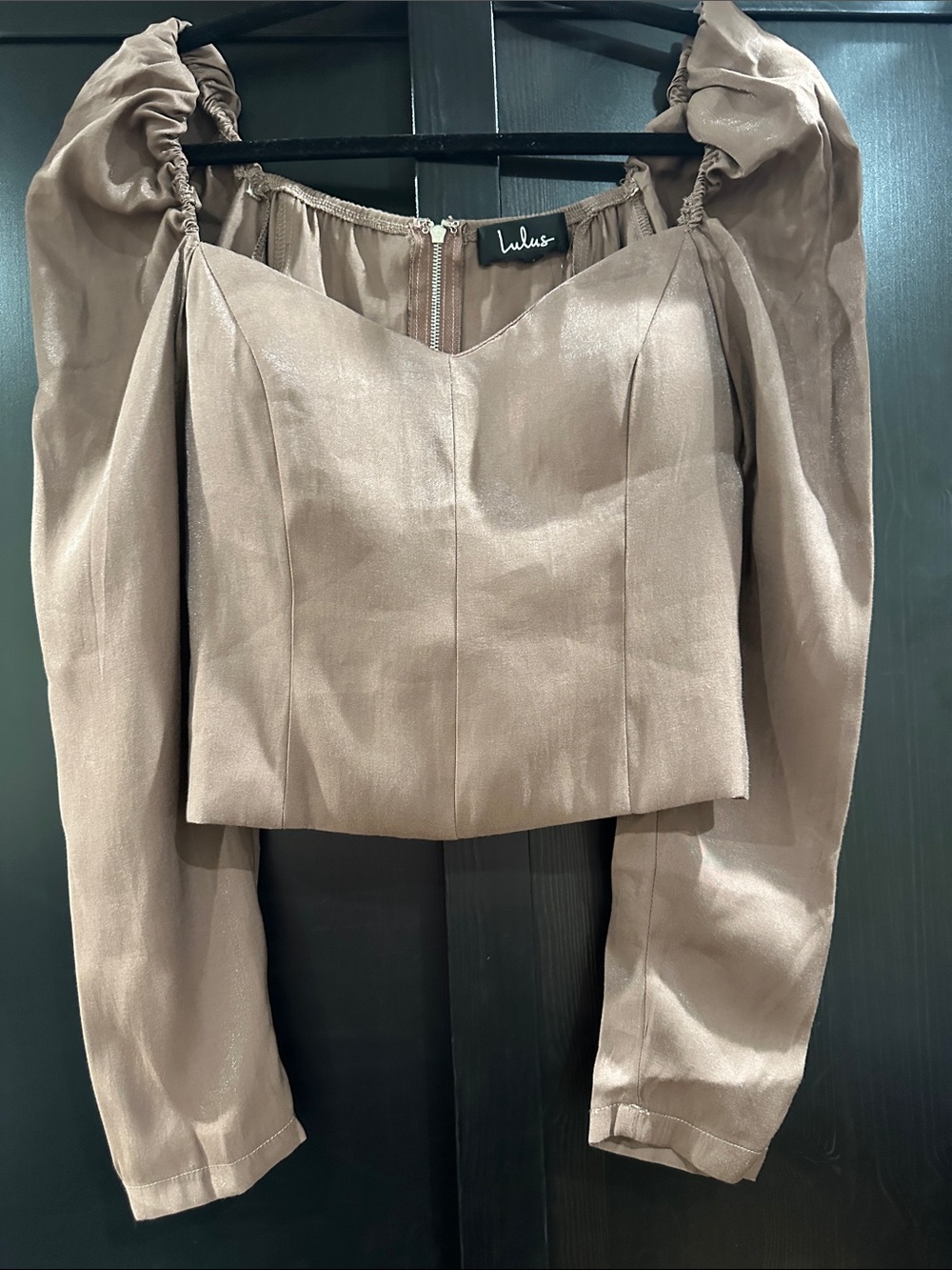 Lulu's Shimmery Taupe Puff-Sleeve Crop Top
